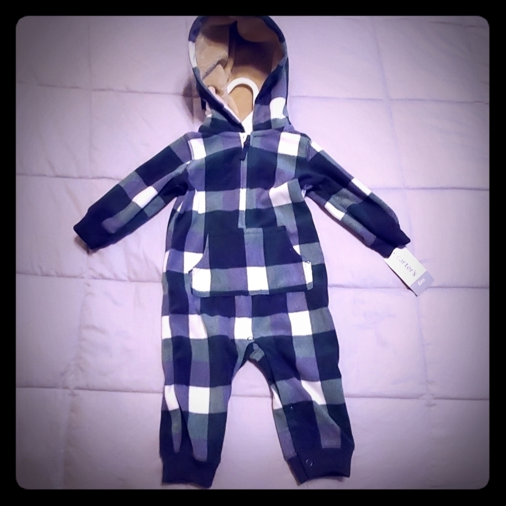NWT Carter's Blue & Green Flannel Plaid Fleece Hooded Baby Bodysuit